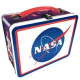 NASA Tin Fun Box with embossed NASA logo, red handle, and space-themed design, made of tin and officially licensed.