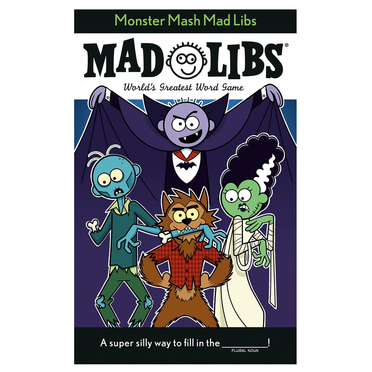 Mad Libs Monster Mash cover featuring cartoon vampire, zombie, werewolf, and bride of Frankenstein for Halloween fun.