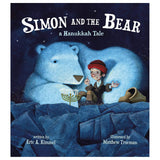 Simon and the Bear book cover shows a boy lighting a menorah beside a large friendly polar bear under a starry night sky.