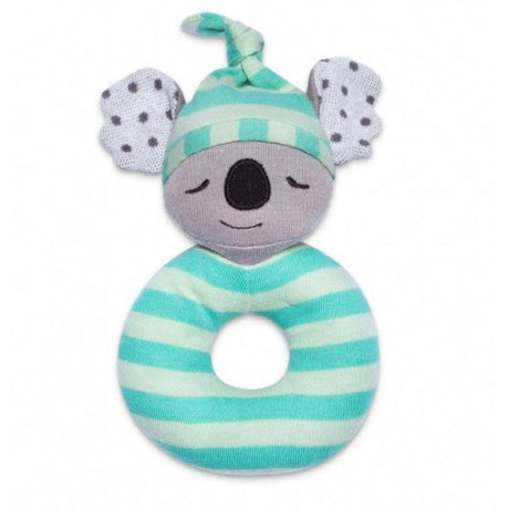 Organic Kozy Koala Rattle in soft green stripes with a sleepy koala face, made from 100% organic cotton and safe materials.