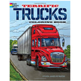 Cover of Terrific Trucks Coloring Book showing a detailed red semi truck on a highway with blue sky and clouds above