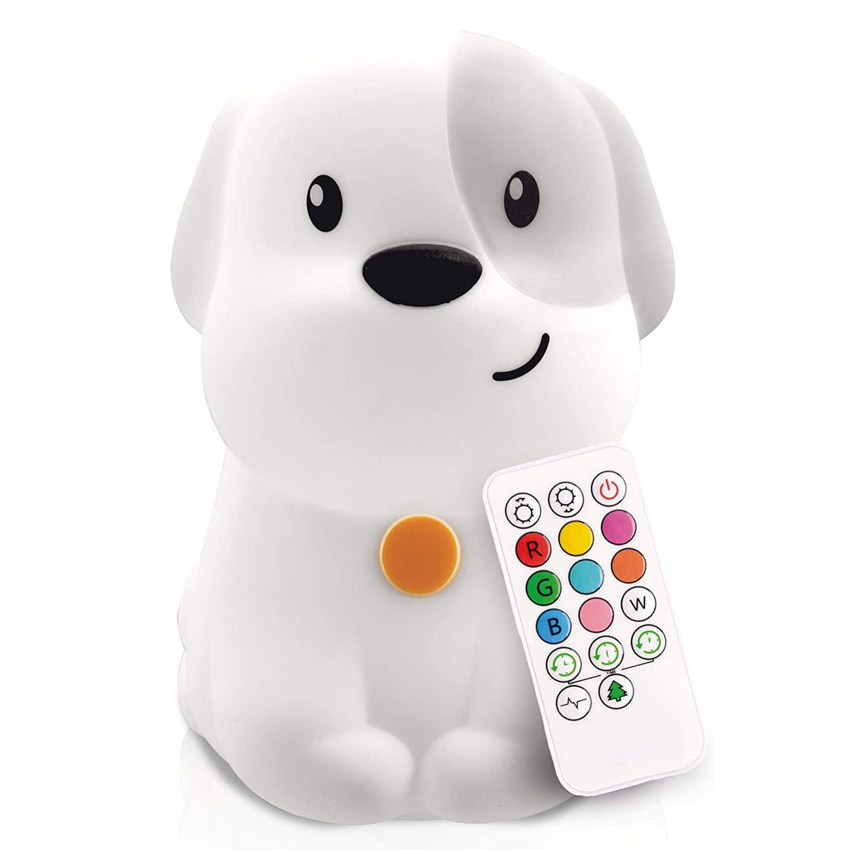 LED Nightlight Puppy with remote control, soft silicone, and color-changing soothing light for kids and parents.