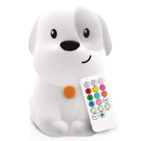 LED Nightlight Puppy with remote control, soft silicone, and color-changing soothing light for kids and parents.