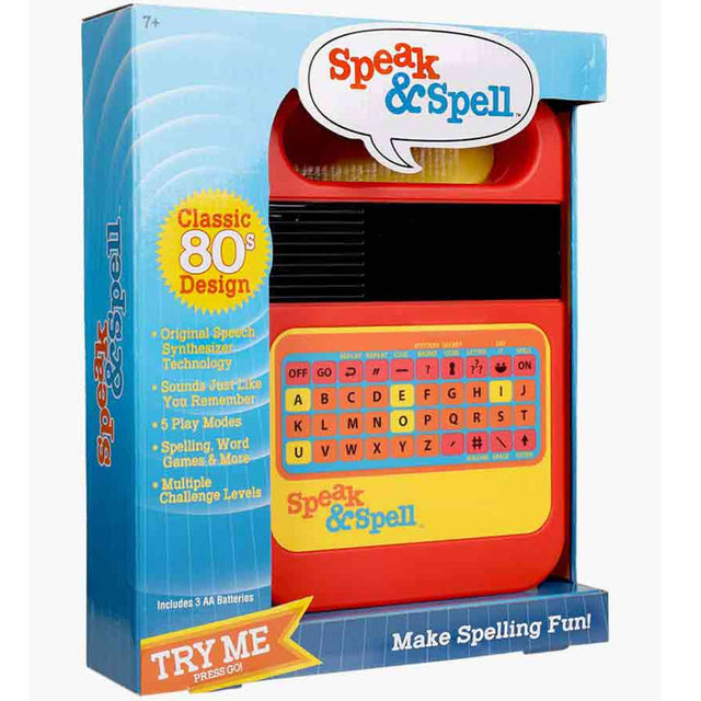 Speak & Spell classic 80s toy with original speech synthesizer technology and spelling game modes in retro packaging.