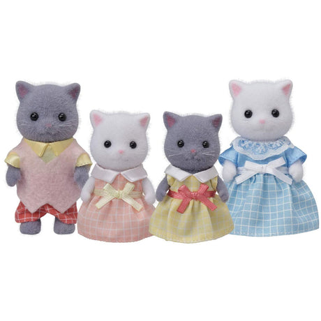 Persian Cat Family four-piece set with posable father, mother, and twin girls in checkered outfits.