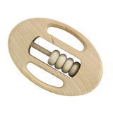 Spinning Beads Rattle made of natural cherry wood with four beads on a rod and easy-grip handles for babies.