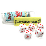 Maine Lobster Dice Game with five white dice featuring red lobster designs and packaging tube for family fun on the go