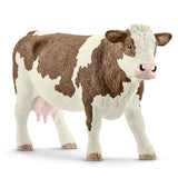 Simmental Cow figurine with white head, legs, belly, and reddish brown patches, realistic detailed model.