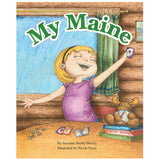 My Maine book cover shows a joyful girl playing cards with a stuffed moose in a cozy cabin setting.