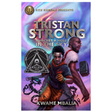 Book cover of Tristan Strong Punches a Hole in the Sky by Kwame Mbalia featuring two characters against a colorful sky background