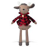Organic Buffalo Romeo plush toy wearing a red plaid jacket made from organic cotton knit, 15 inches tall.