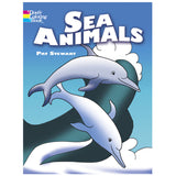 Sea Animals Coloring Book cover with two playful dolphins swimming against a blue sky background.