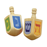 Wooden Dreidel made of clear hardwood featuring colorful traditional symbols, perfect for classroom or home use.
