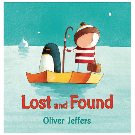 Lost and Found cover showing a boy and a penguin on a boat in icy waters under a starry sky.