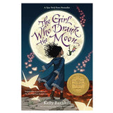 The Girl Who Drank the Moon book cover shows a girl and a tiny dragon beneath a glowing full moon.