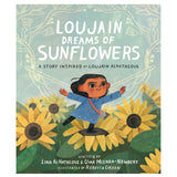 Loujain Dreams of Sunflowers book cover showing a girl joyfully standing among large sunflowers under a blue sky.