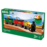 Safari Train toy with giraffe and zebra figures that pop up on sliding the roof, designed for children 3 and up.