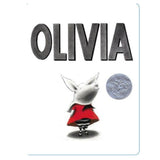 Olivia board book cover featuring the beloved pig in a red dress with Caldecott Honor seal for toddlers ages 3-6.