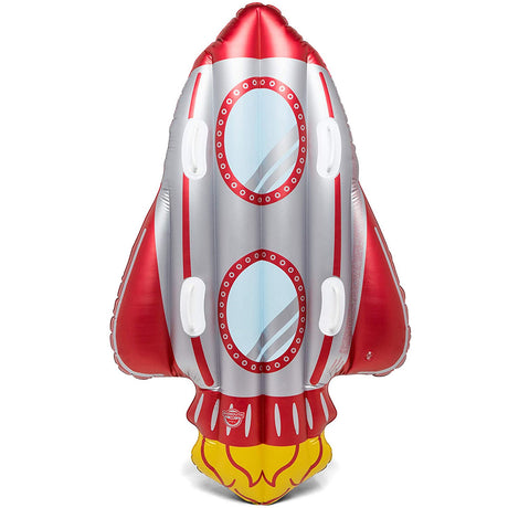 Snow Tube for 2 | Rocket Ship inflatable sled in red and silver with blue window designs and yellow flame bottom.
