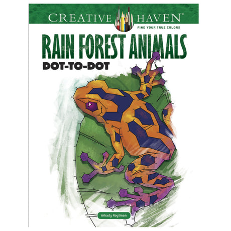 Creative Haven Rainforest Dot to Dot showing a completed colorful poison dart frog puzzle on a green leaf background.