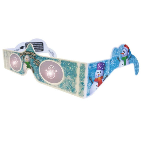 Holiday Specs | Snowmen paper glasses with holographic lenses featuring festive snowman designs and magical holiday light effects.