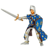 Prince Phillip medieval figure in blue armor with sword and shield ready for battle, suitable for ages 3 and up.