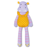 Soft plush Organic Hippo Coco toy with purple and yellow polka dot design made from 100% organic cotton and hypoallergenic filler.