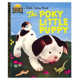 Little Golden Book The Poky Little Puppy cover showing a curious puppy in a grassy field with flowers and a lizard.