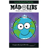 Mad Libs Love the Earth book cover with a smiling Earth cartoon on a purple background for kids ages 8 and up.
