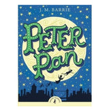 Peter Pan book cover with characters flying over London rooftops against a starry night sky and full moon.