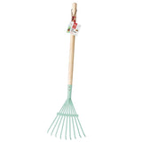 Leaf Rake features light blue tines with a hardwood handle, sized 27 inches for young helpers aged 4 and up.