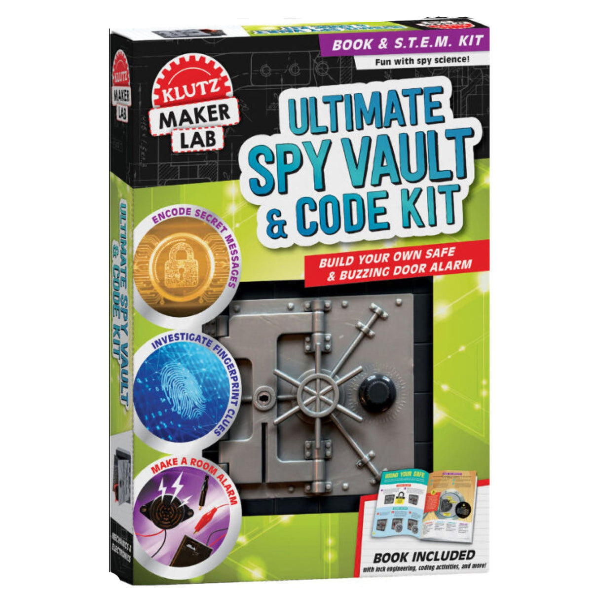 Ultimate Spy Vault & Code Kit box showing a safe lock and components for building a safe and door alarm.