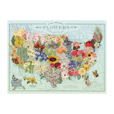 1000pc USA State Flowers Puzzle showing a colorful floral map of the USA with state flowers illustrated by Wendy Gold.