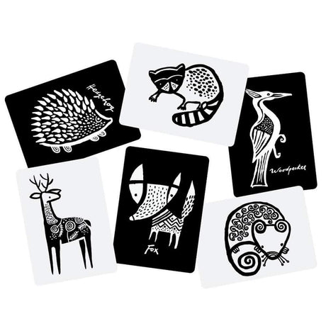 Woodland Art Cards featuring six black-and-white animal designs to develop babies' visual perception.