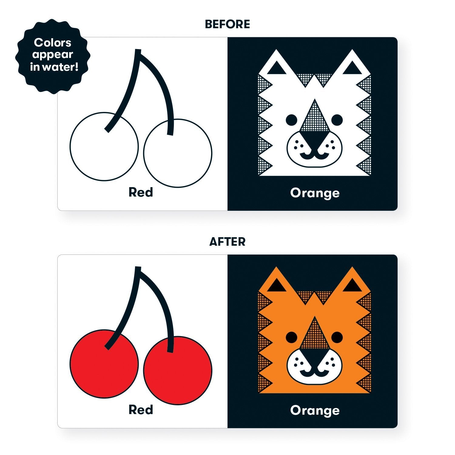 Bath Book Color Magic | What Color Am I? shows color-changing pages with cherries and an orange animal face in water.