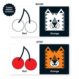 Bath Book Color Magic | What Color Am I? shows color-changing pages with cherries and an orange animal face in water.