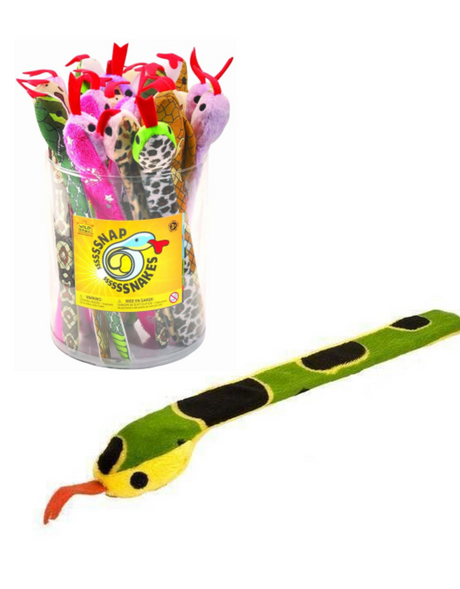 Snake Slap Bracelet showing colorful stuffed snake bracelets in a container and one laid flat on a white background.