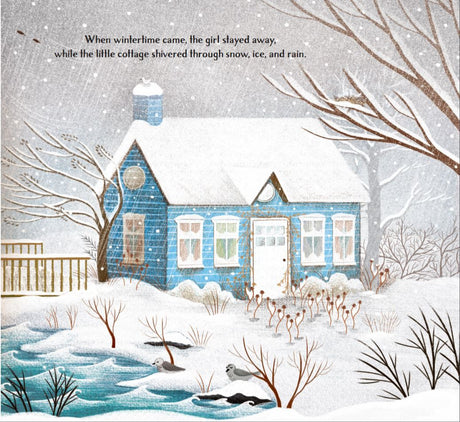 Illustration of a snowy blue house in winter surrounded by bare trees and frozen pond from Little Blue Cottage.