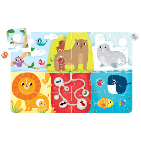 34pc Suuuper Size Animal Puzzle with colorful animal scenes including bear, lion, seal, whale, and birds for toddlers.
