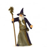 Wizard figurine dressed in purple robe and hat, holding a detailed staff, perfect for fantasy-themed play.