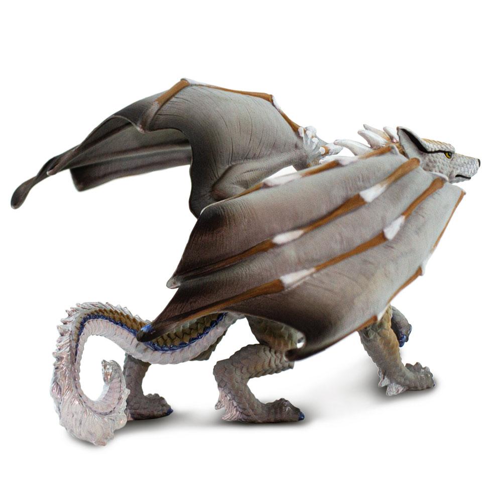 Wolf Dragon toy with wolf-like face, dragon scales, and large wings folded while prowling with one paw raised.