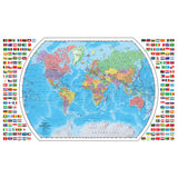 World Map showing countries and oceans with surrounding flags, framed and color-coded for easy geographic learning.