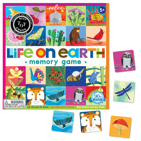 Life on Earth Memory Game box and colorful tiles featuring animals and plants to sharpen memory skills for ages 5 and up.