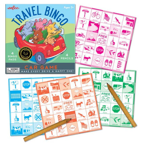 Travel Bingo car game with colorful bingo sheets and pencils for road trip fun, ages 5 and up.