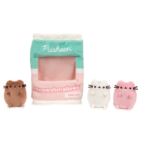 Pusheen Meowshmallows plush bag with three removable miniature soft Pusheen plush in pastel colors and vinyl window.