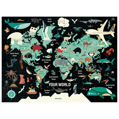 1000pc Your World Puzzle featuring colorful animals and landmarks on a world map for family fun and learning.