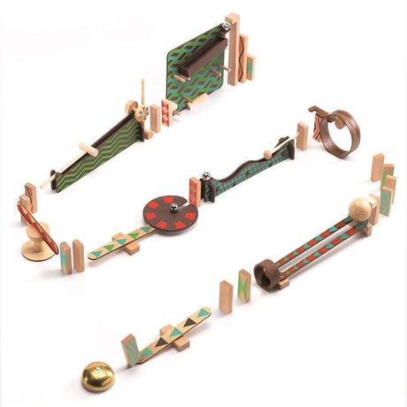 Zig & Go Action Reaction Wall 48pc set with wooden dominoes and components creating a colorful chain reaction circuit.